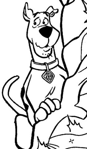 Kolorowanka Scooby Doo chowający się za drzewem